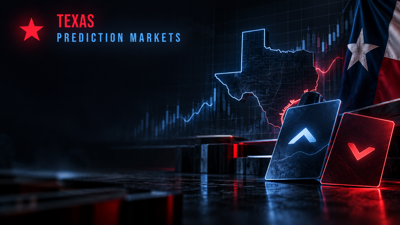 Texas outline and Yes/No contract cards on a dark prediction market graphic.