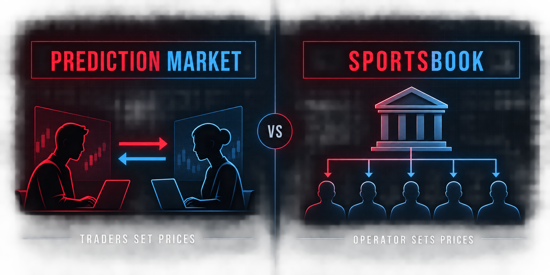 Prediction market traders set prices through orders; a sportsbook operator sets its own prices.