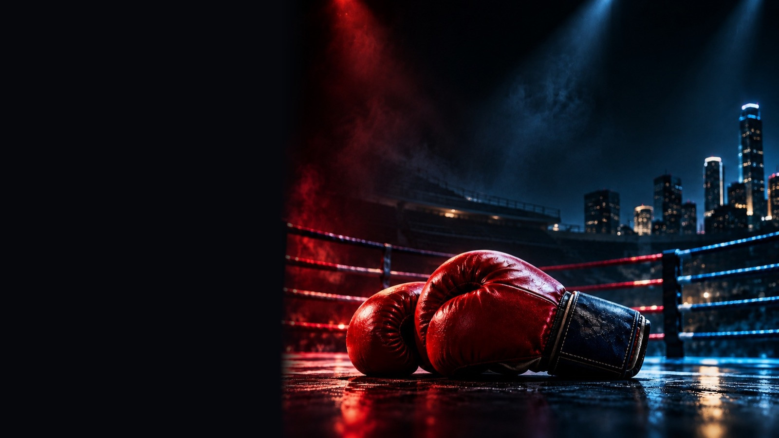 Red boxing gloves on a ring floor with a city skyline at night