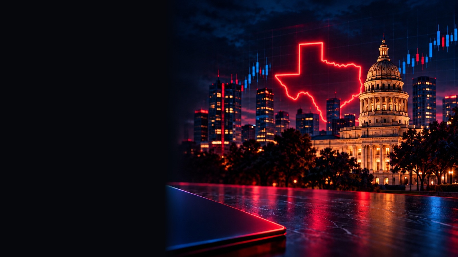 Red neon Texas outline and market charts over the Texas Capitol at night
