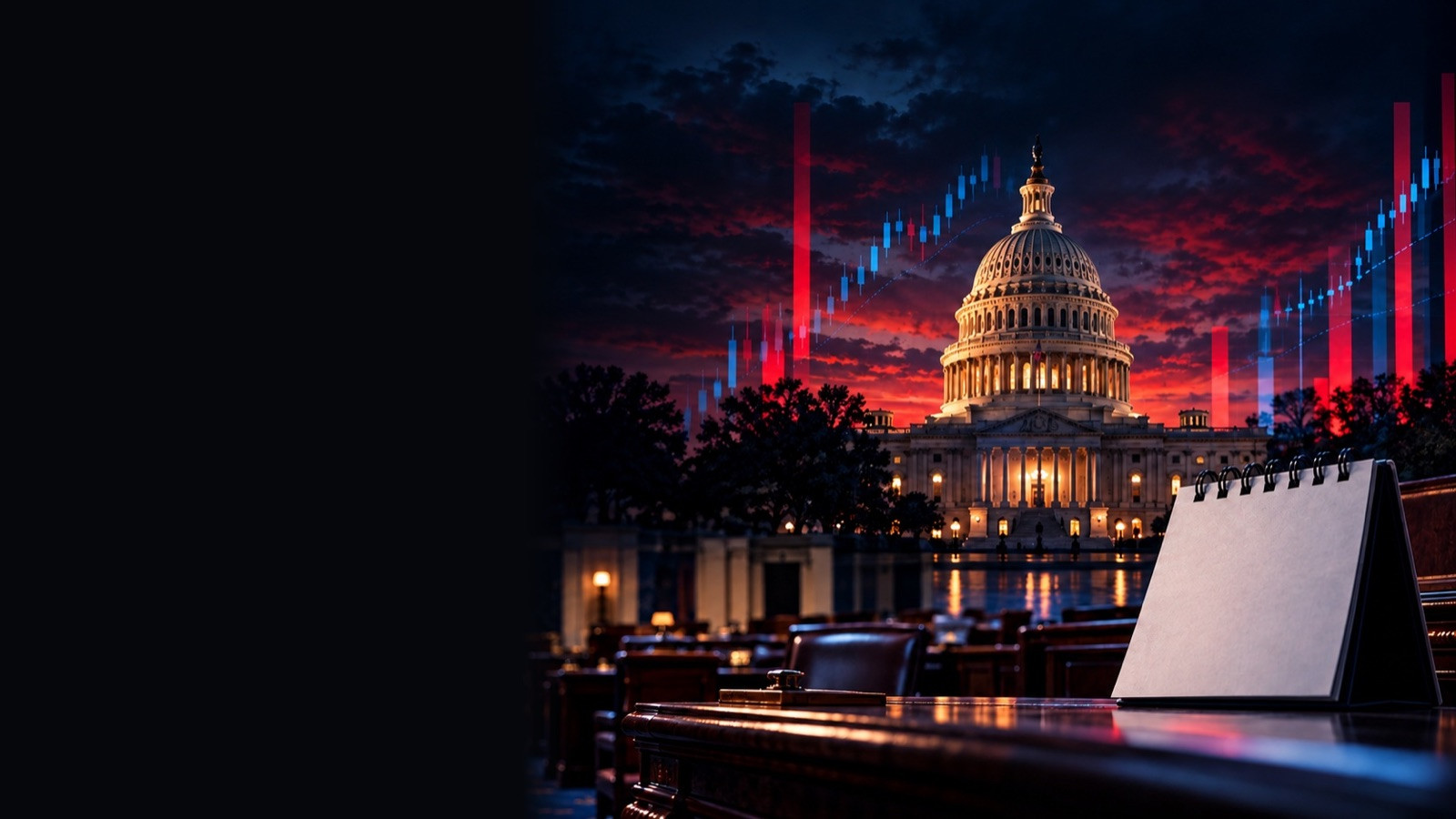 Blank desk calendar in a legislative chamber with the US Capitol behind