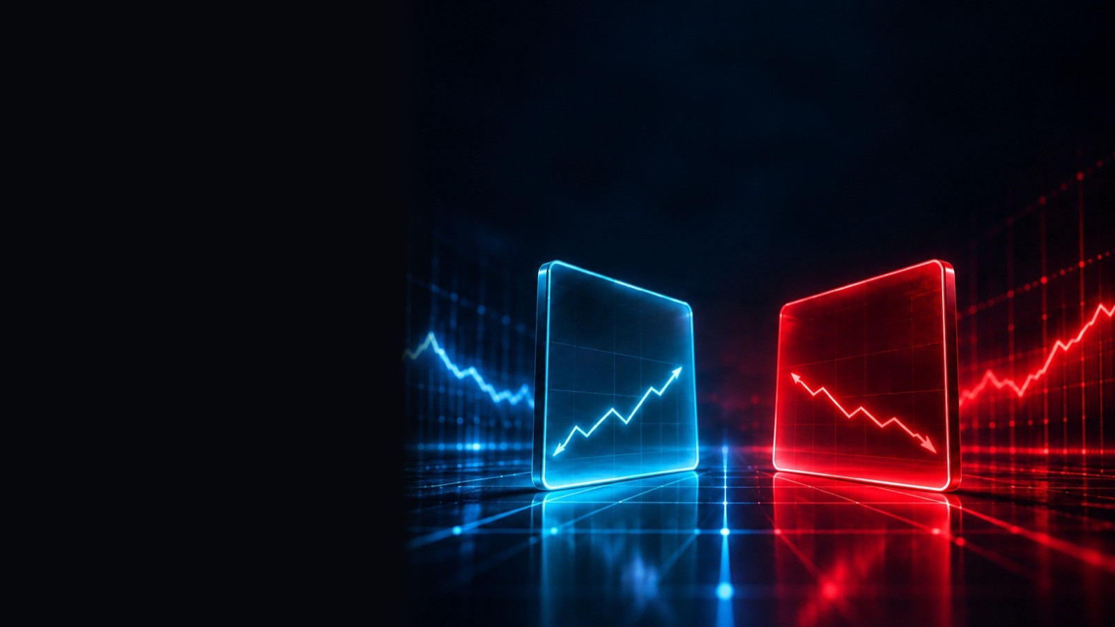 Two glowing panels, one rising and one falling chart, on a grid floor