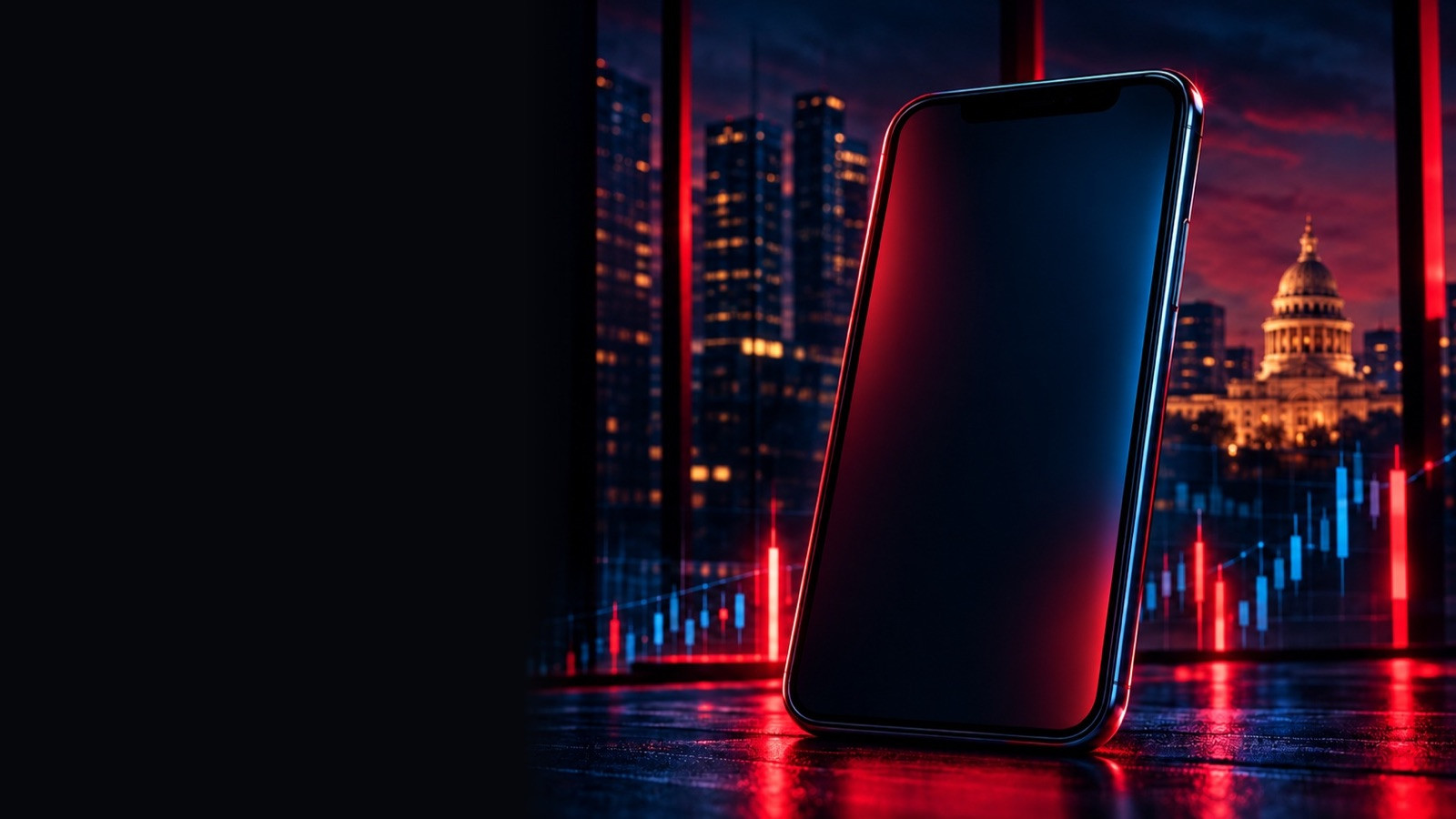 Phone standing by a window with city towers, the Capitol and red charts