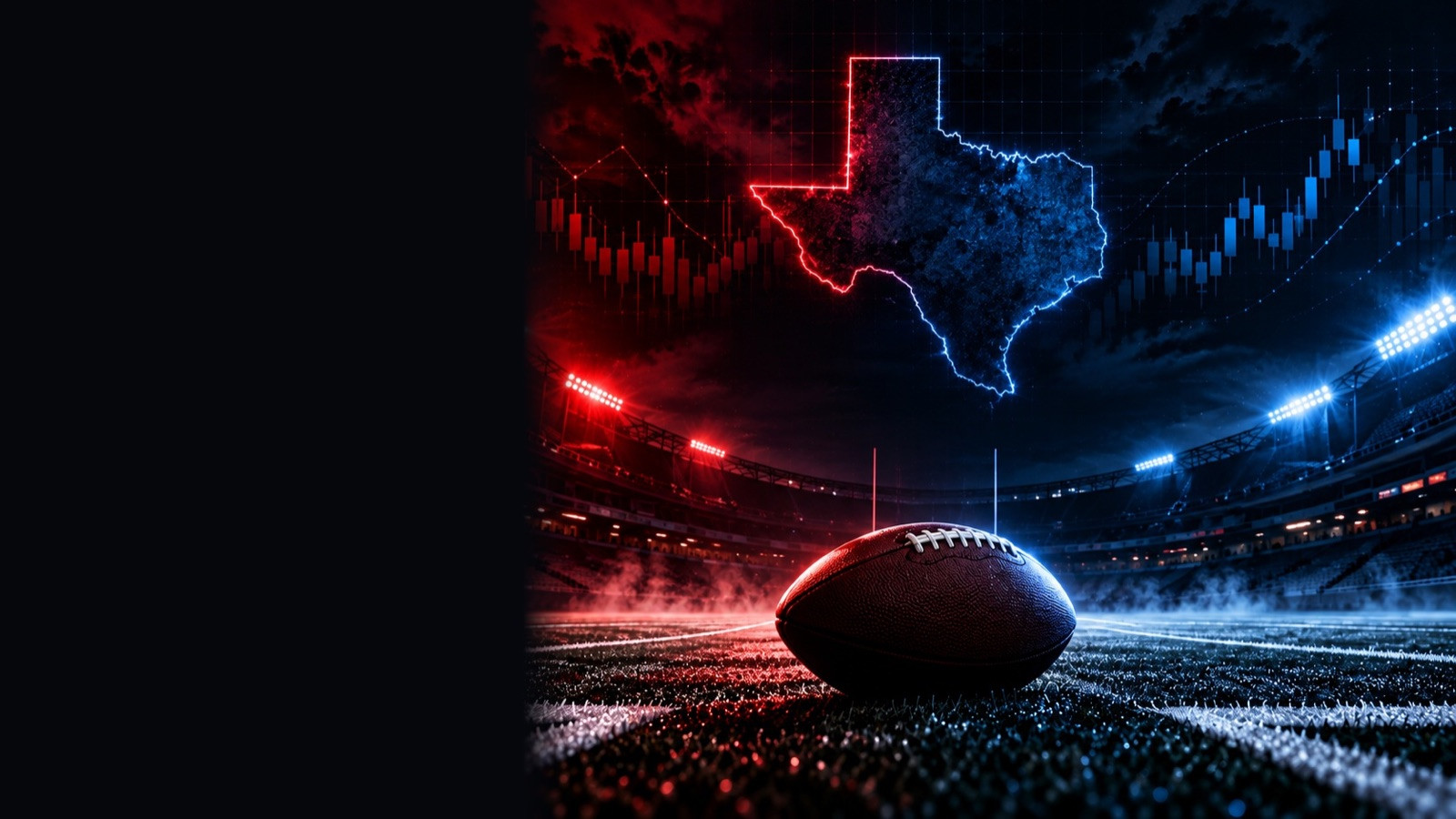 Football on a lit field under a glowing red and blue Texas outline