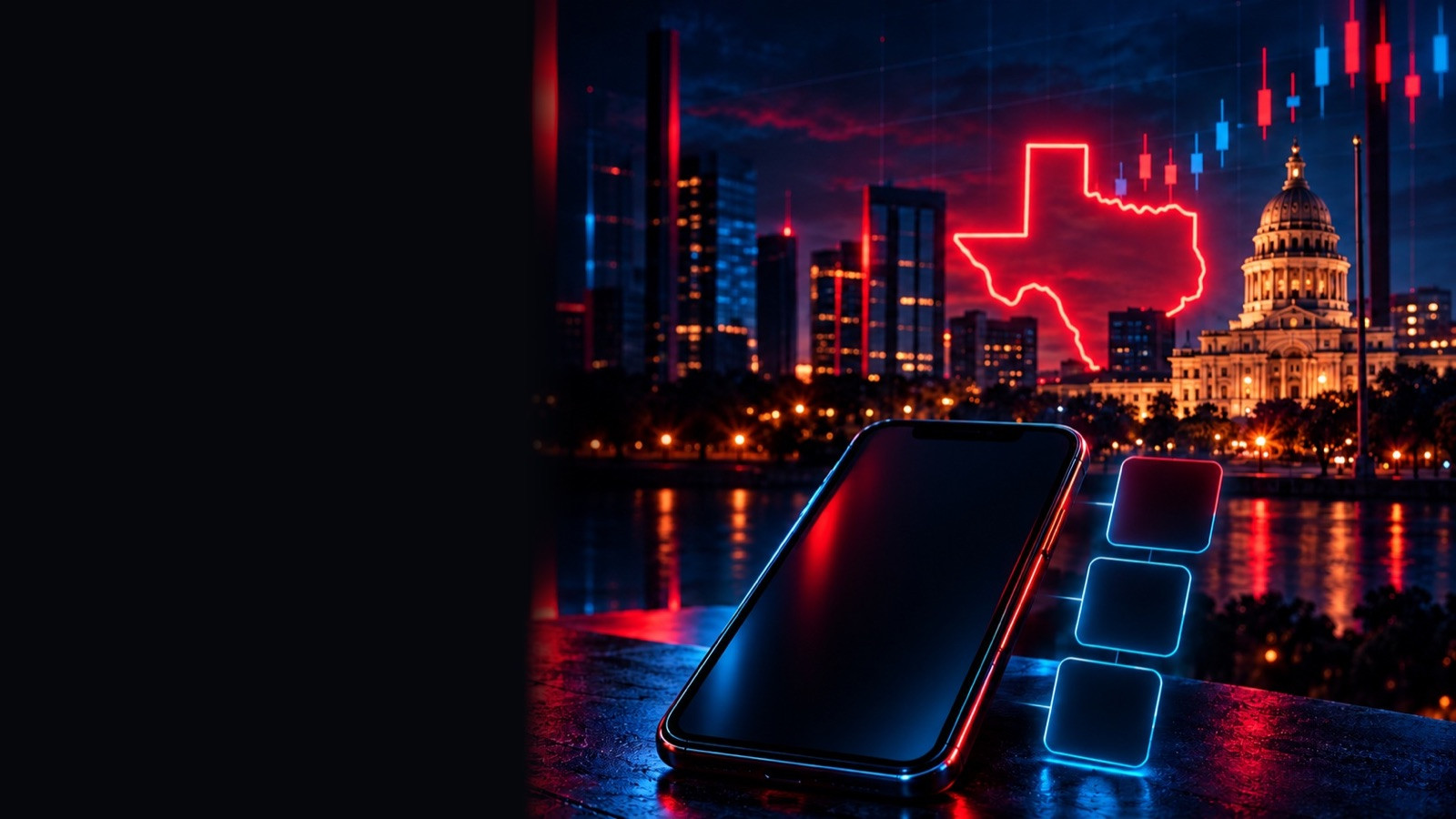 Phone on a ledge with step panels and a neon Texas outline over the Capitol