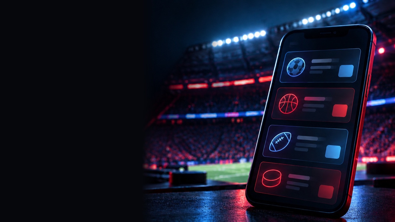 Phone showing sport icons in front of a lit football stadium at night