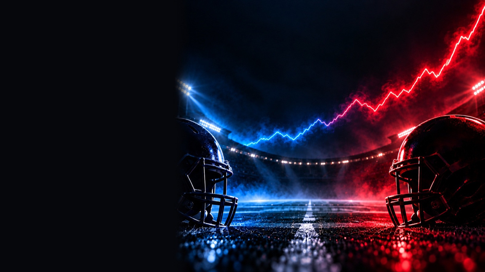 Two dark football helmets facing each other under a red and blue rising line