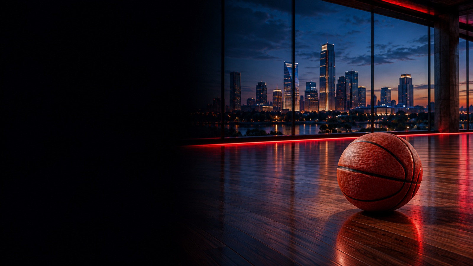 A plain orange basketball rests on an empty polished hardwood court with a red-lit court edge and a Texas city skyline beyond a large arena window at blue hour.