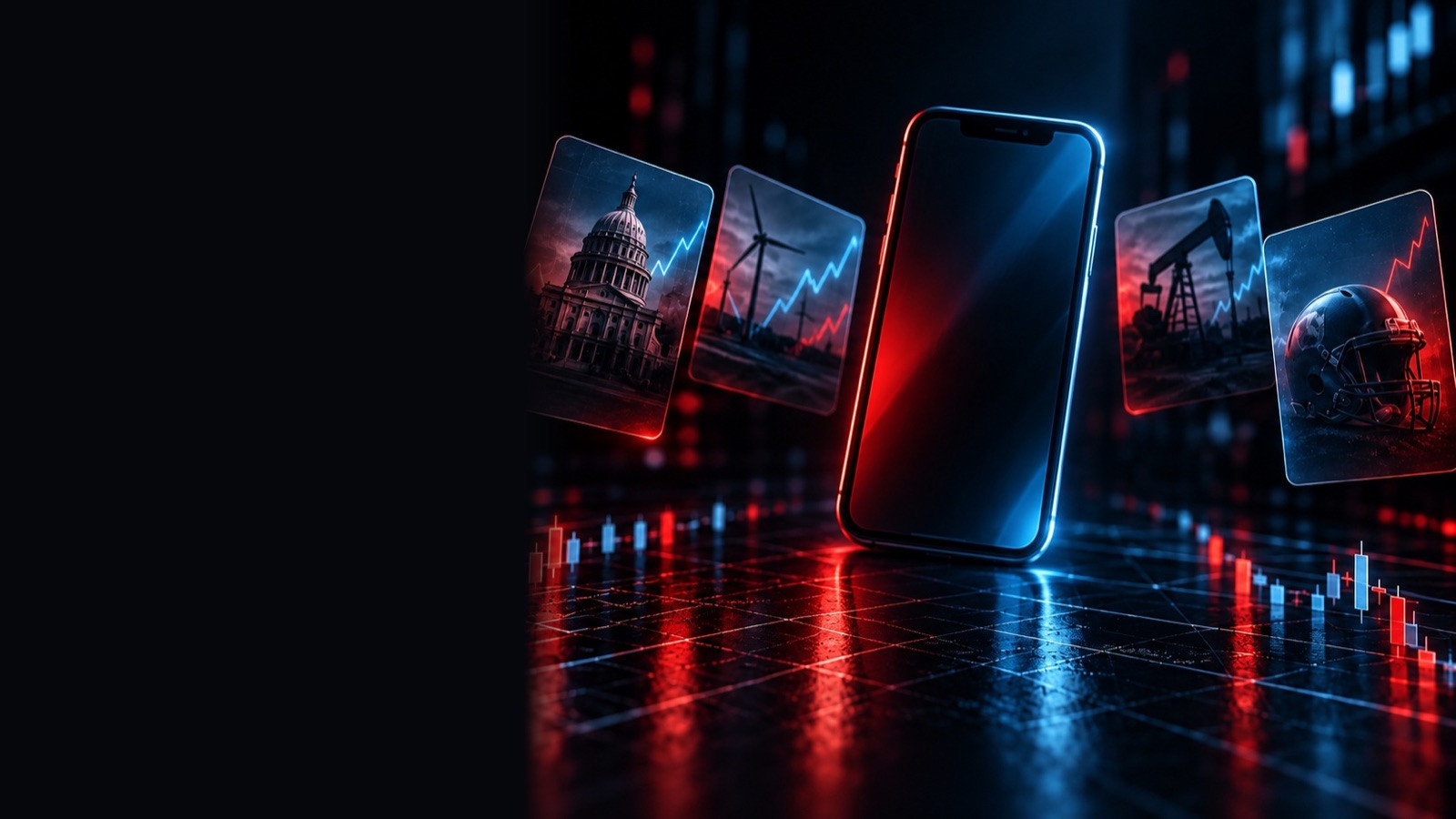 Phone surrounded by cards showing a capitol, wind turbines, an oil pump and a helmet