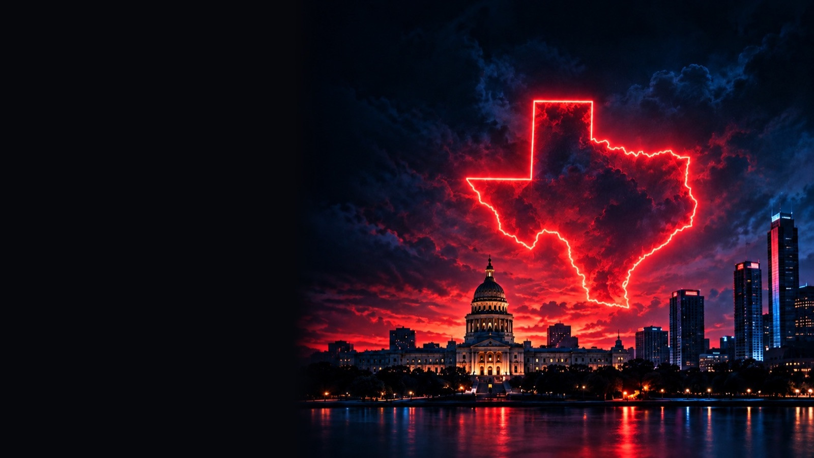 Red neon Texas outline over the Texas Capitol and city lights by the water