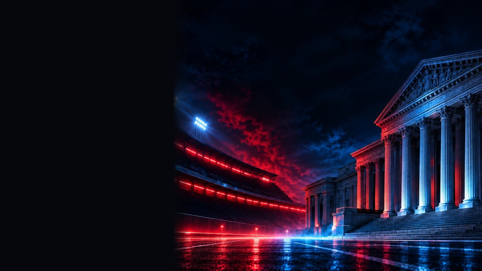 Lit stadium beside a classical courthouse on a wet plaza at night