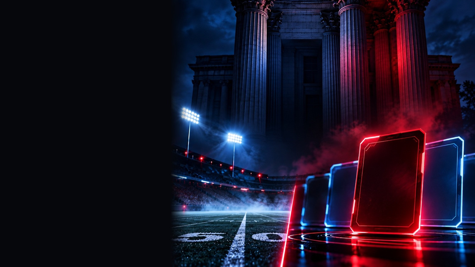 Column-fronted courthouse beside a lit football field and glowing app panels