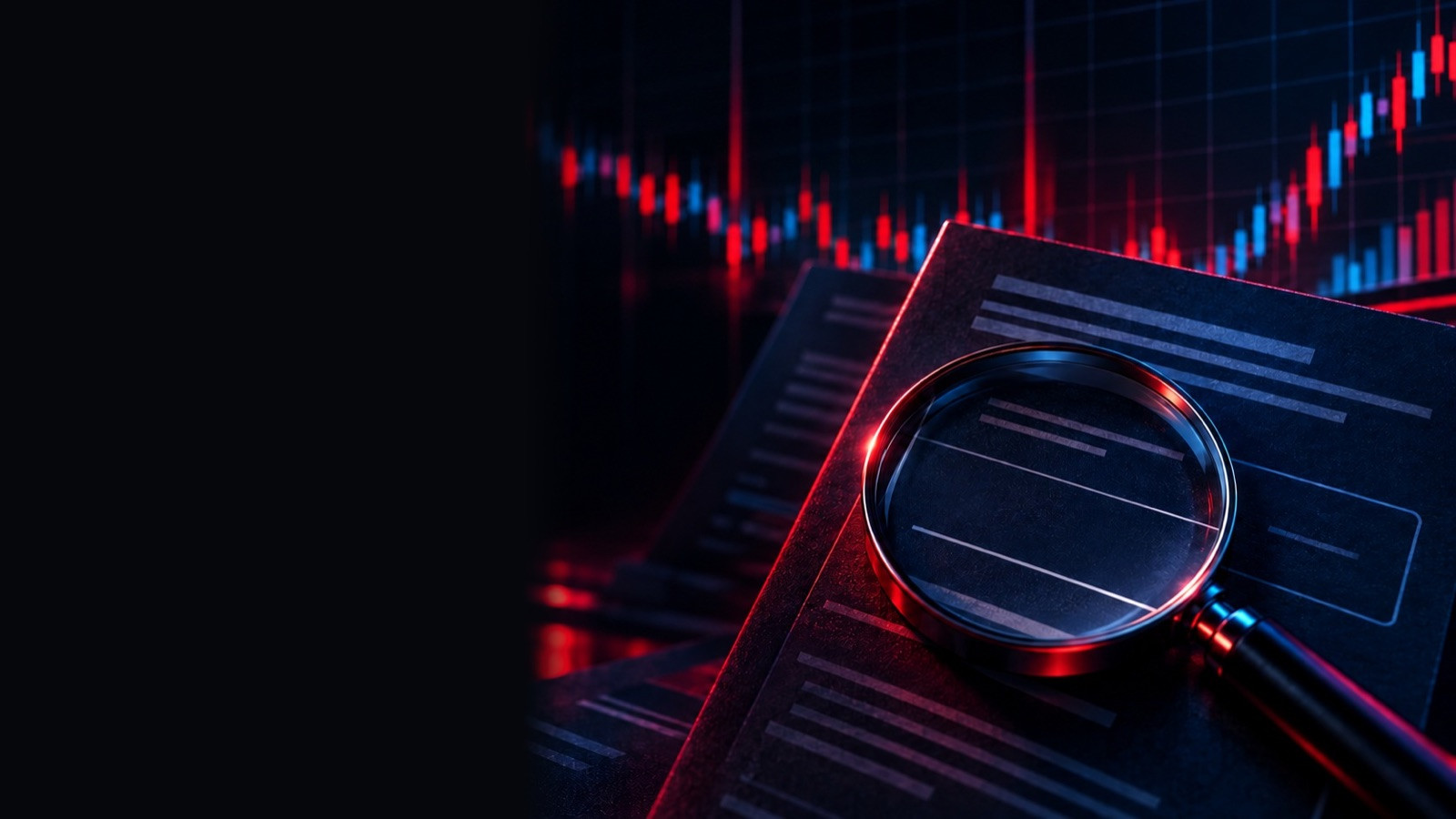 Magnifying glass over a statement with red and blue market charts behind