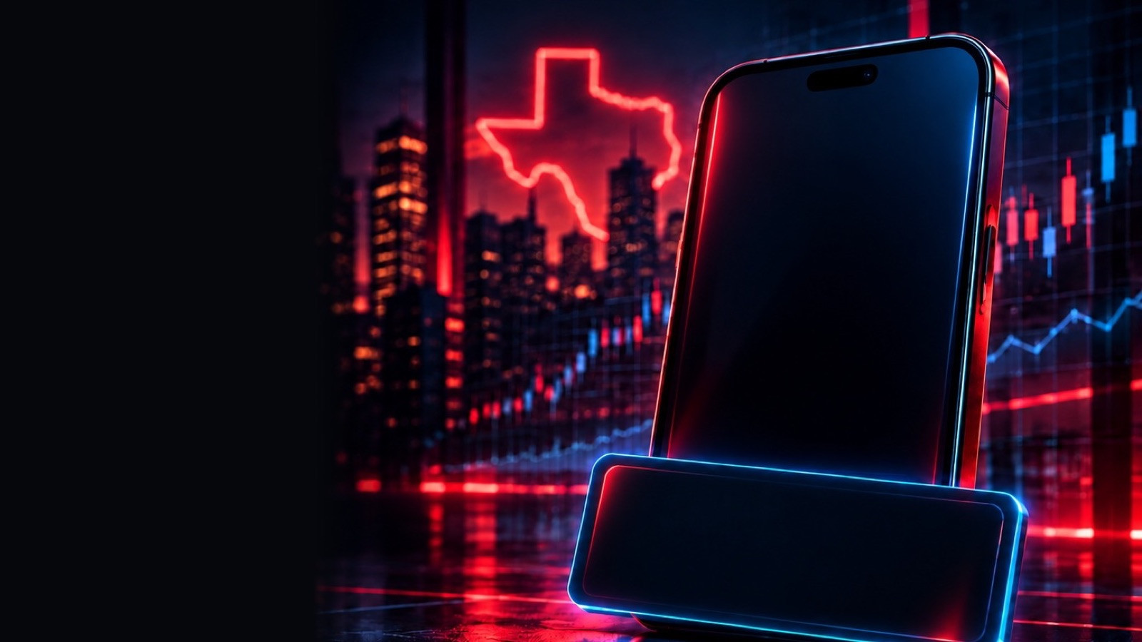 Phone on a glowing stand with a neon Texas outline and city charts behind