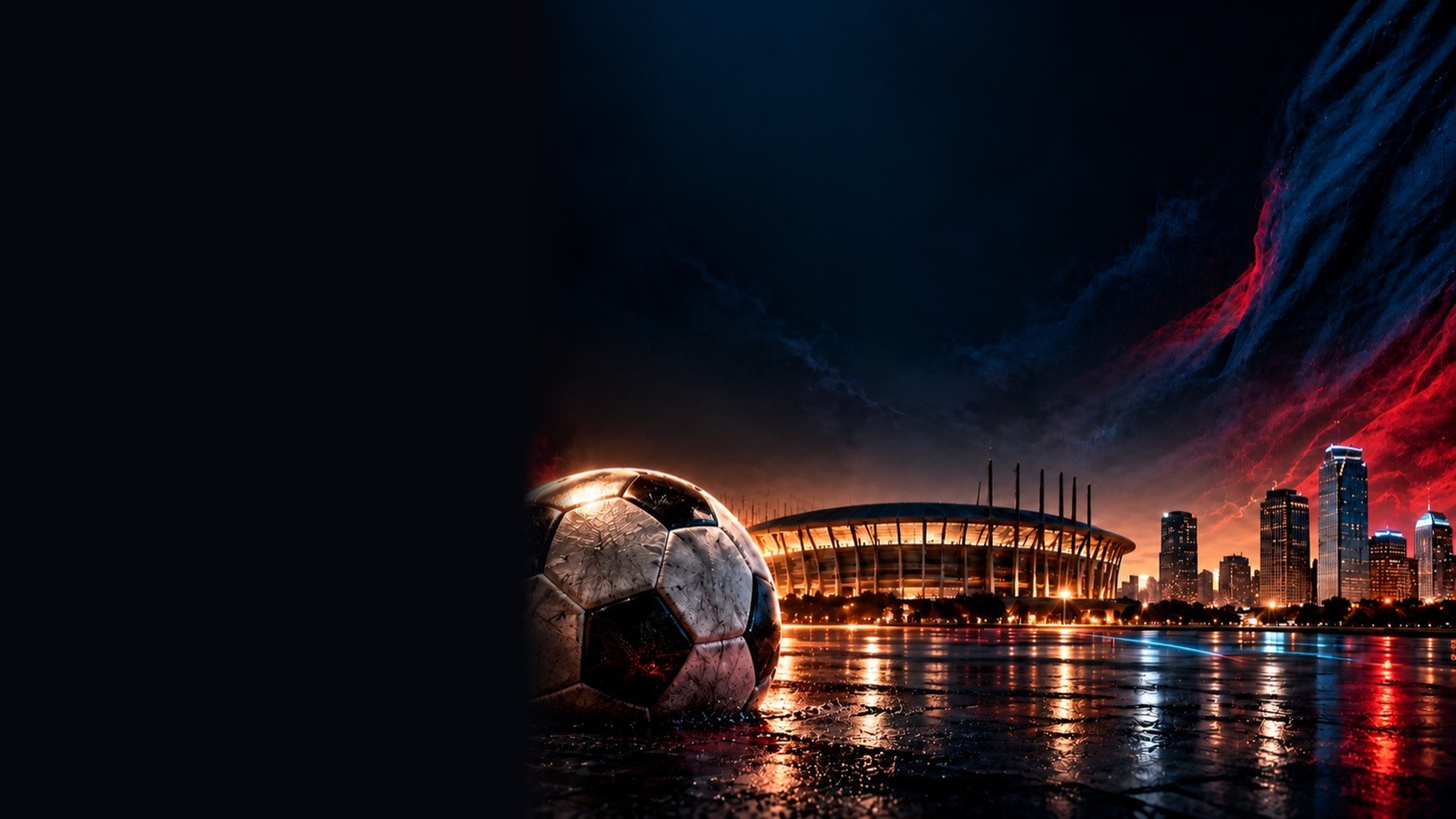Worn soccer ball on a wet plaza with a lit stadium and skyline at dusk