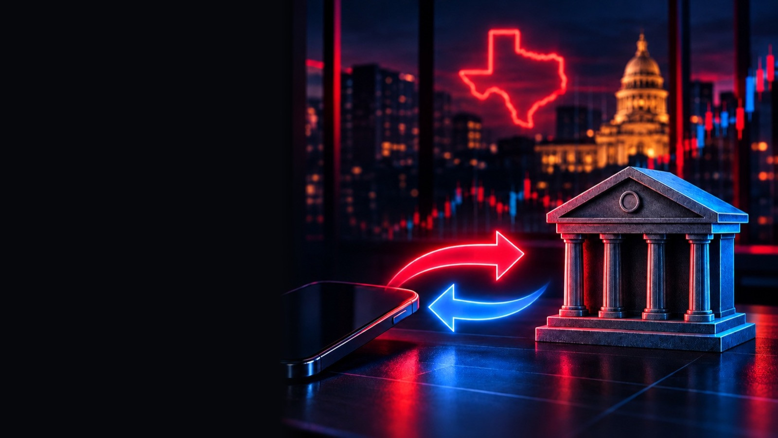 Phone and bank model linked by glowing arrows with the Texas Capitol behind