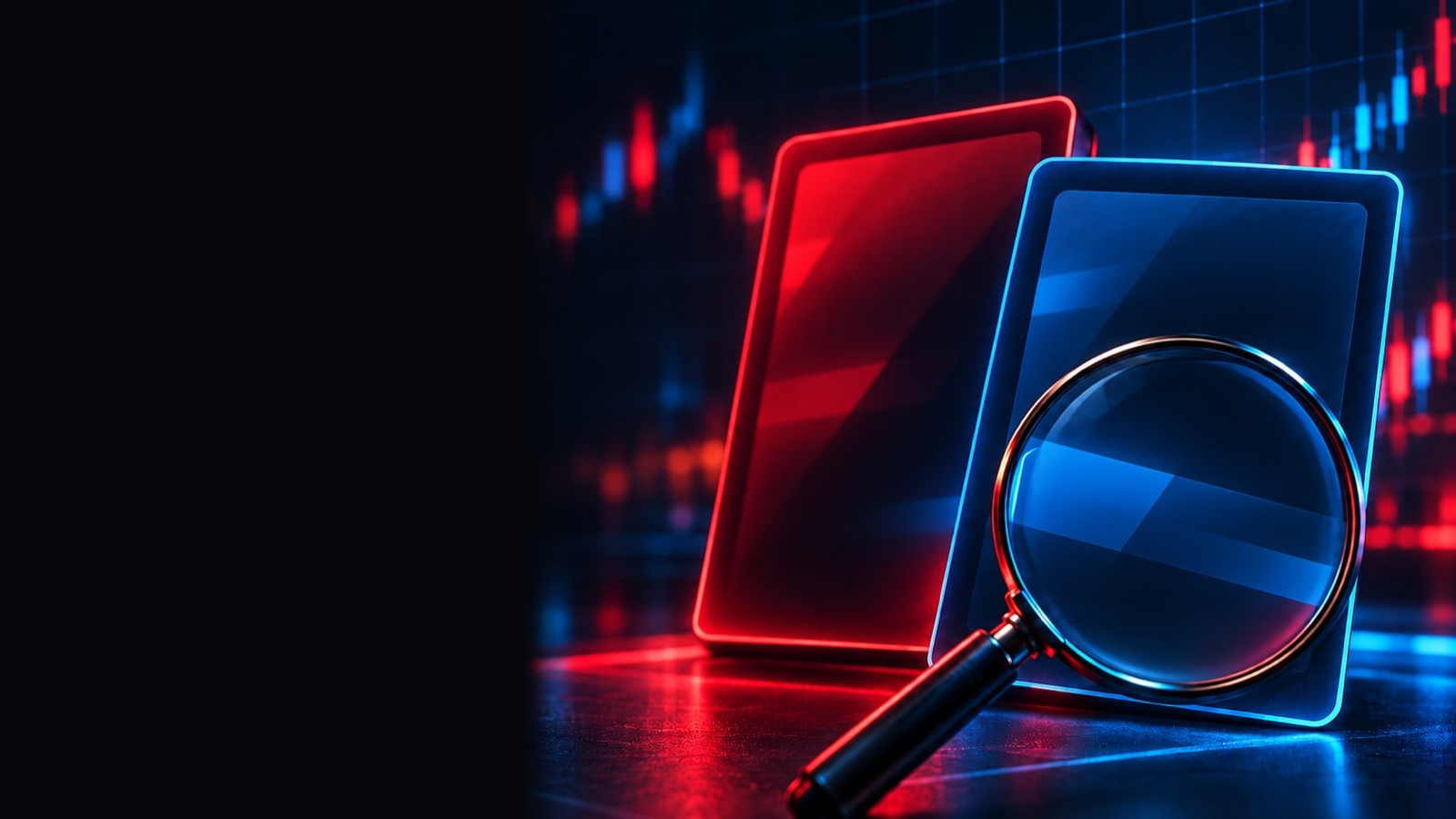 Magnifying glass in front of two glowing red and blue panels