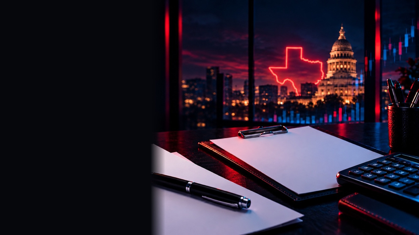 Clipboard, pen and calculator on a desk facing the Texas Capitol at night