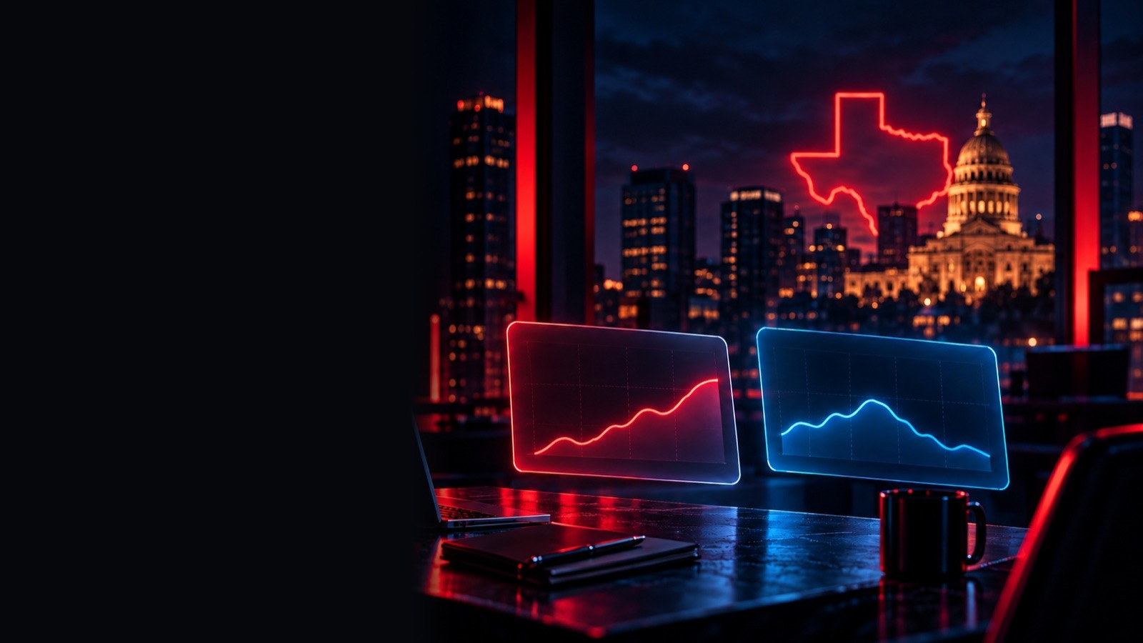 Desk with two chart screens and a red neon Texas outline over the Austin skyline