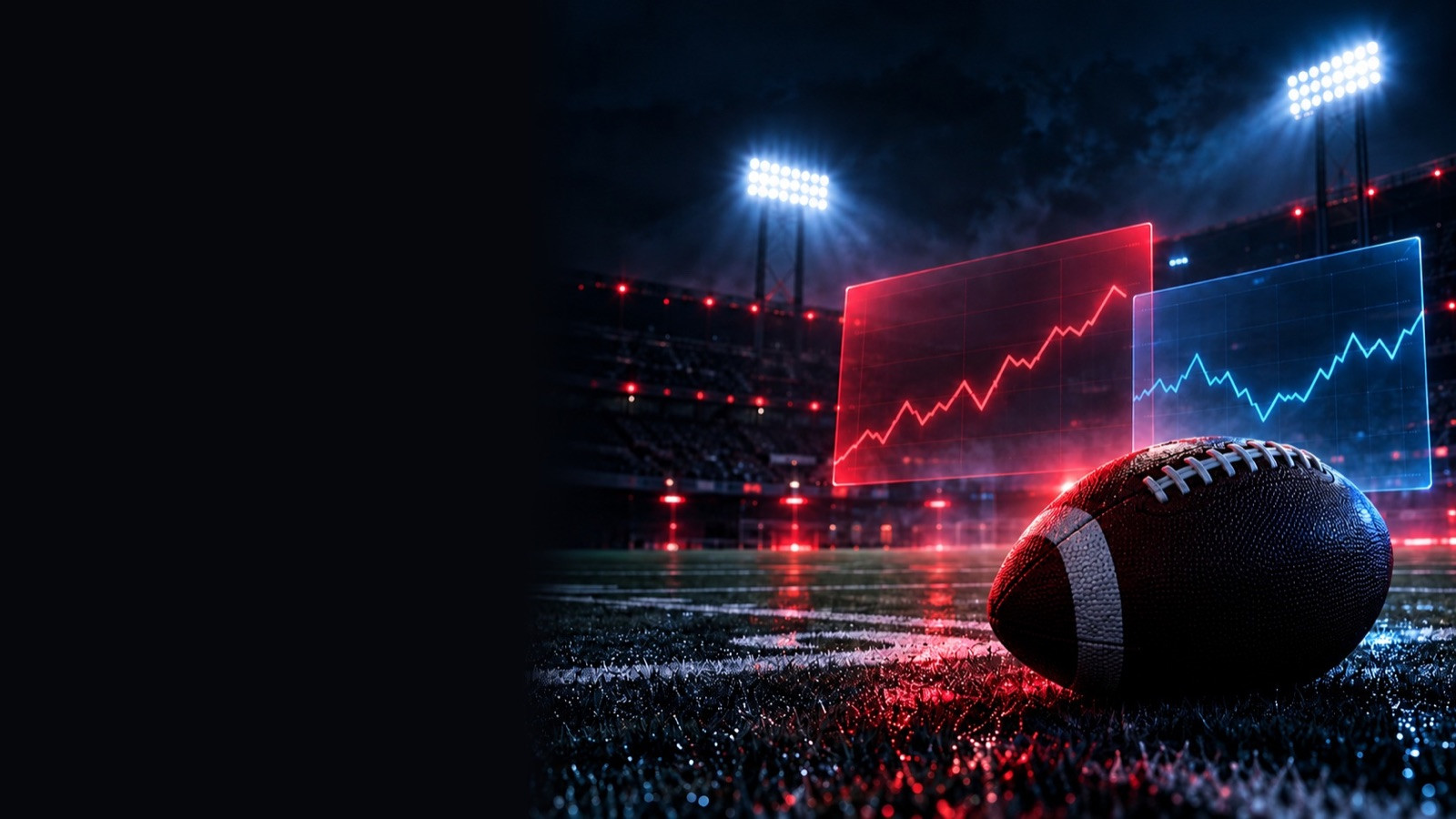 Football on a field under stadium lights with red and blue rising chart panels