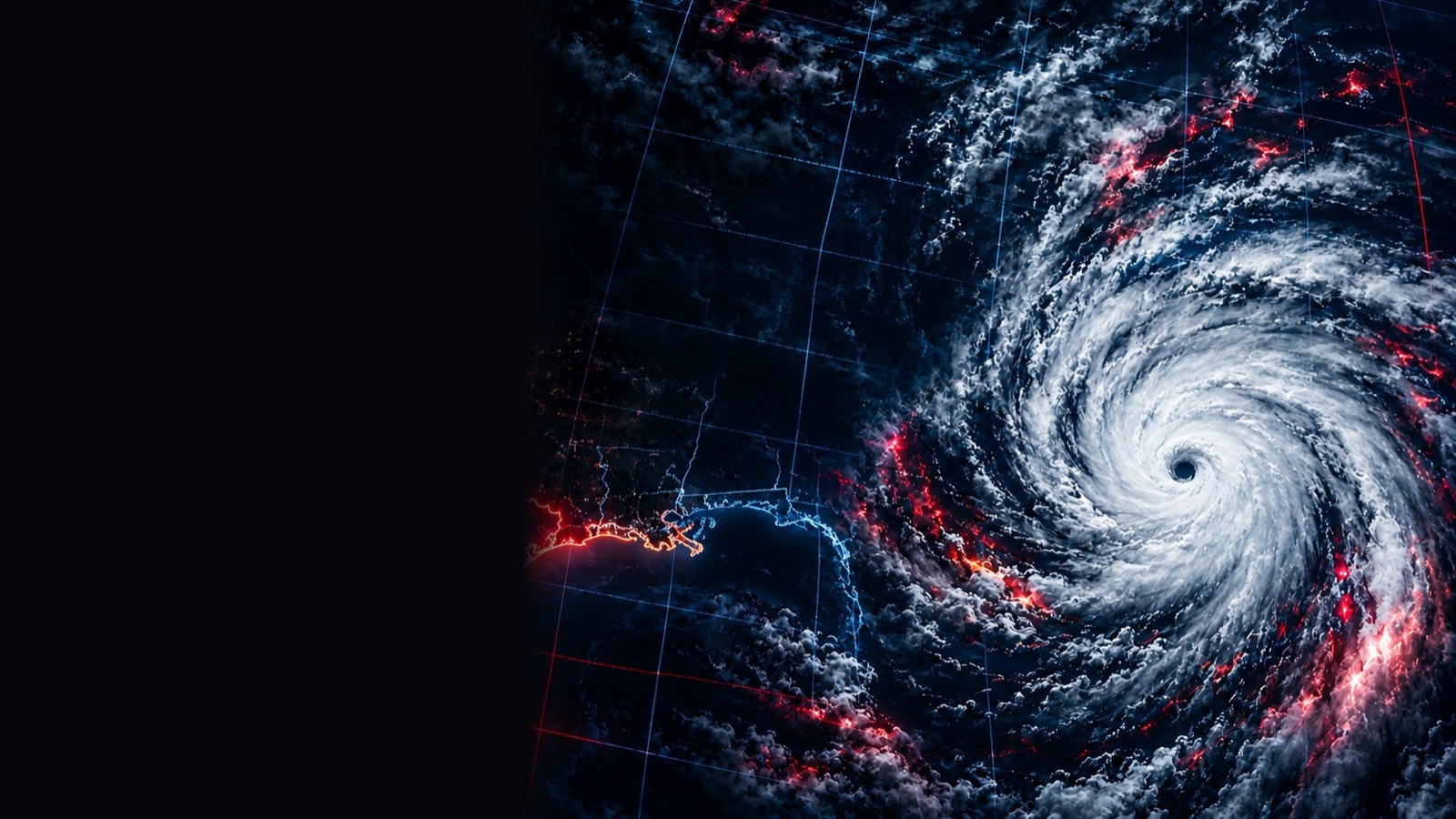Satellite-style view of a large hurricane approaching the Gulf coast at night
