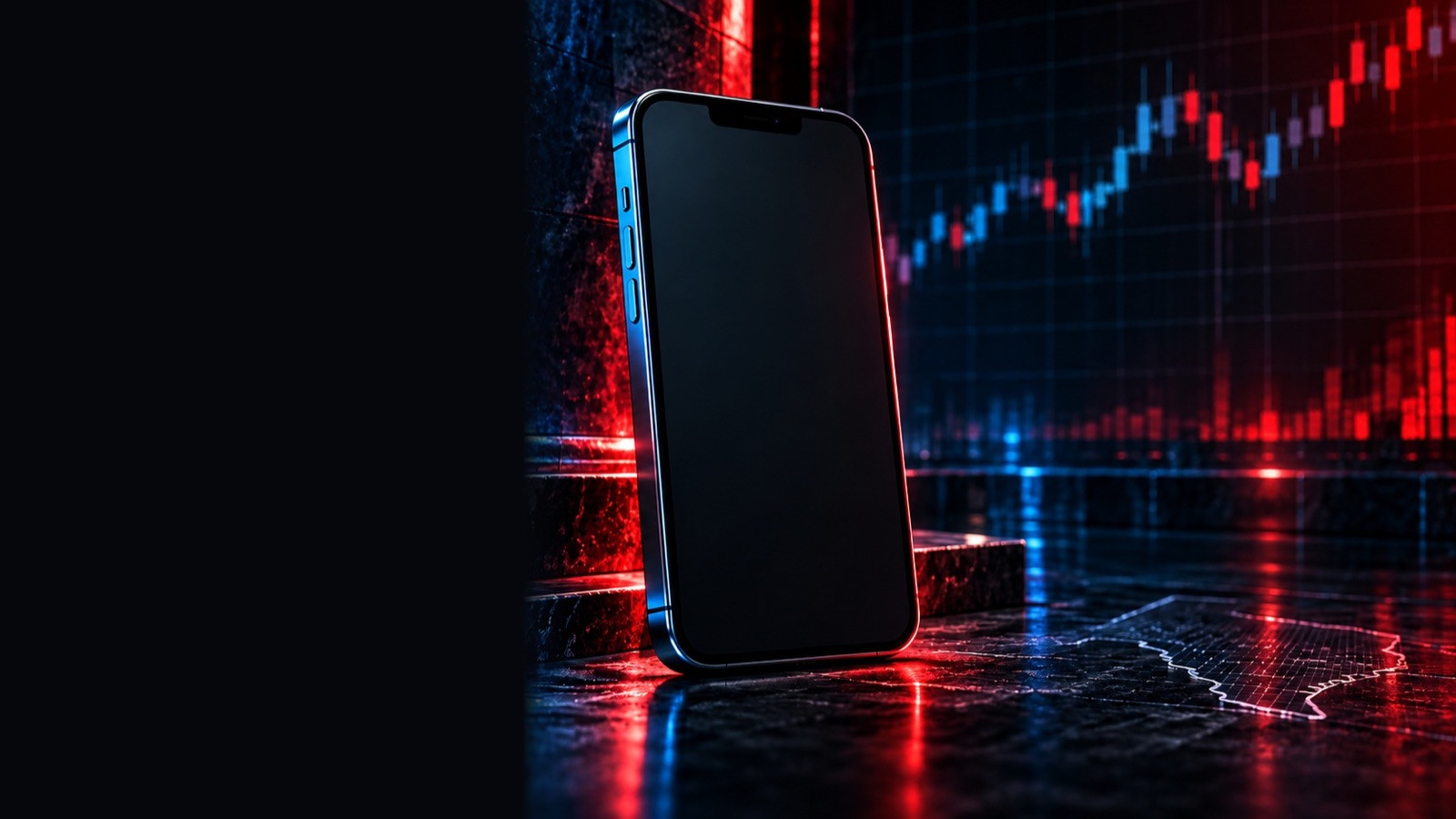 Phone leaning on dark stone in front of red and blue market charts