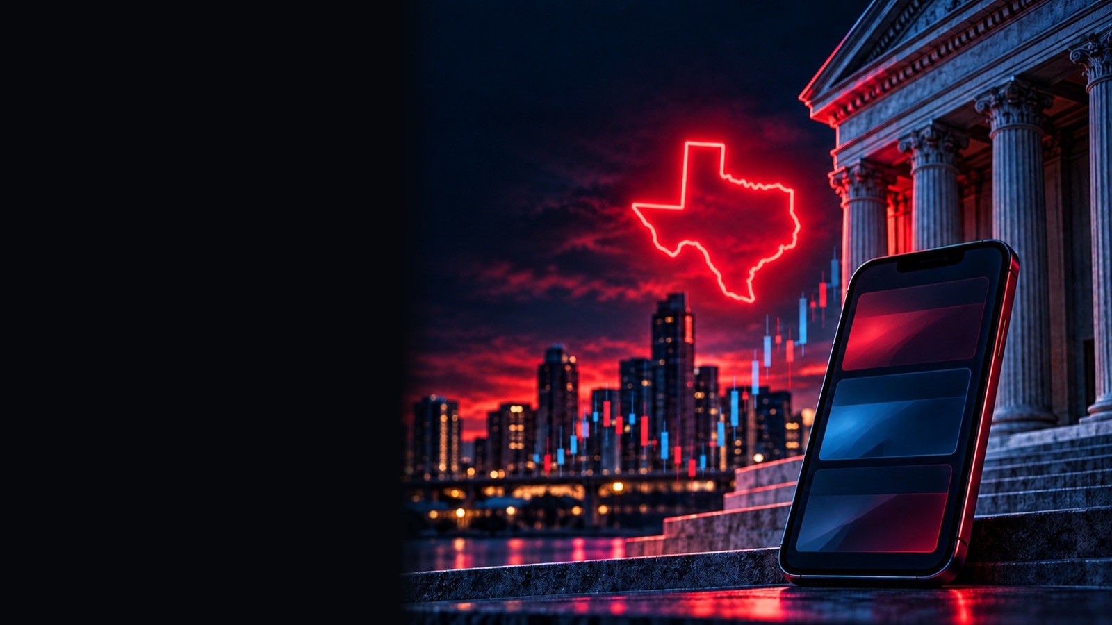 Phone on courthouse steps with a neon Texas outline over a city skyline