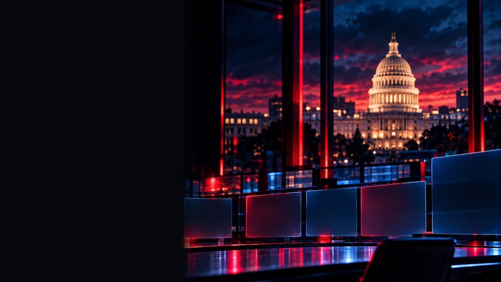 Glowing glass panels in front of a domed capitol building at dusk