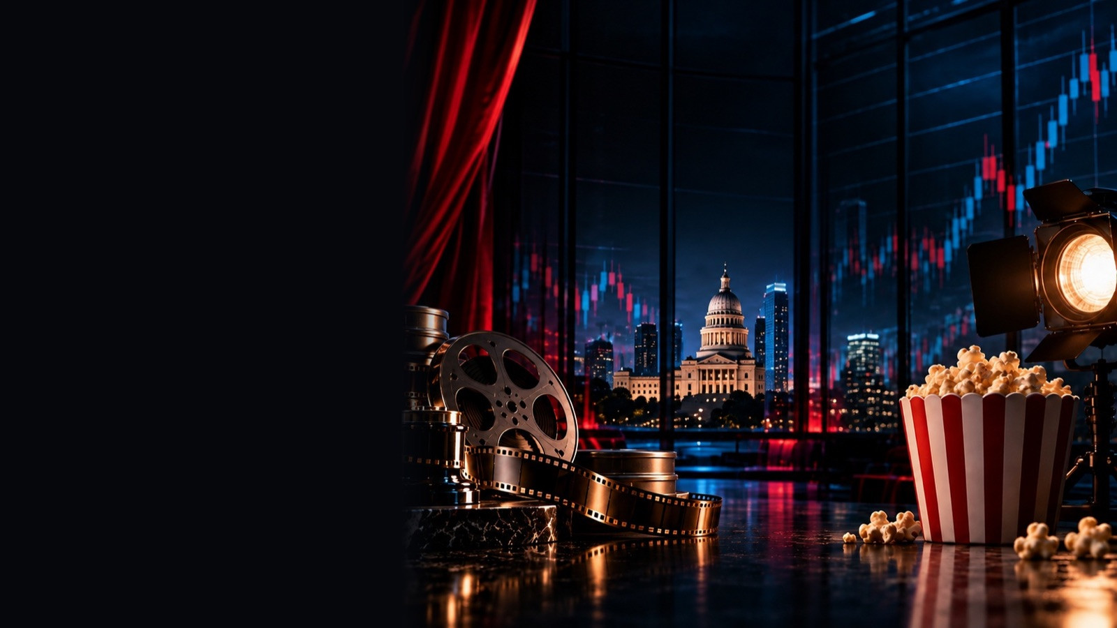 Film reels, popcorn and a studio light facing the Texas Capitol at night