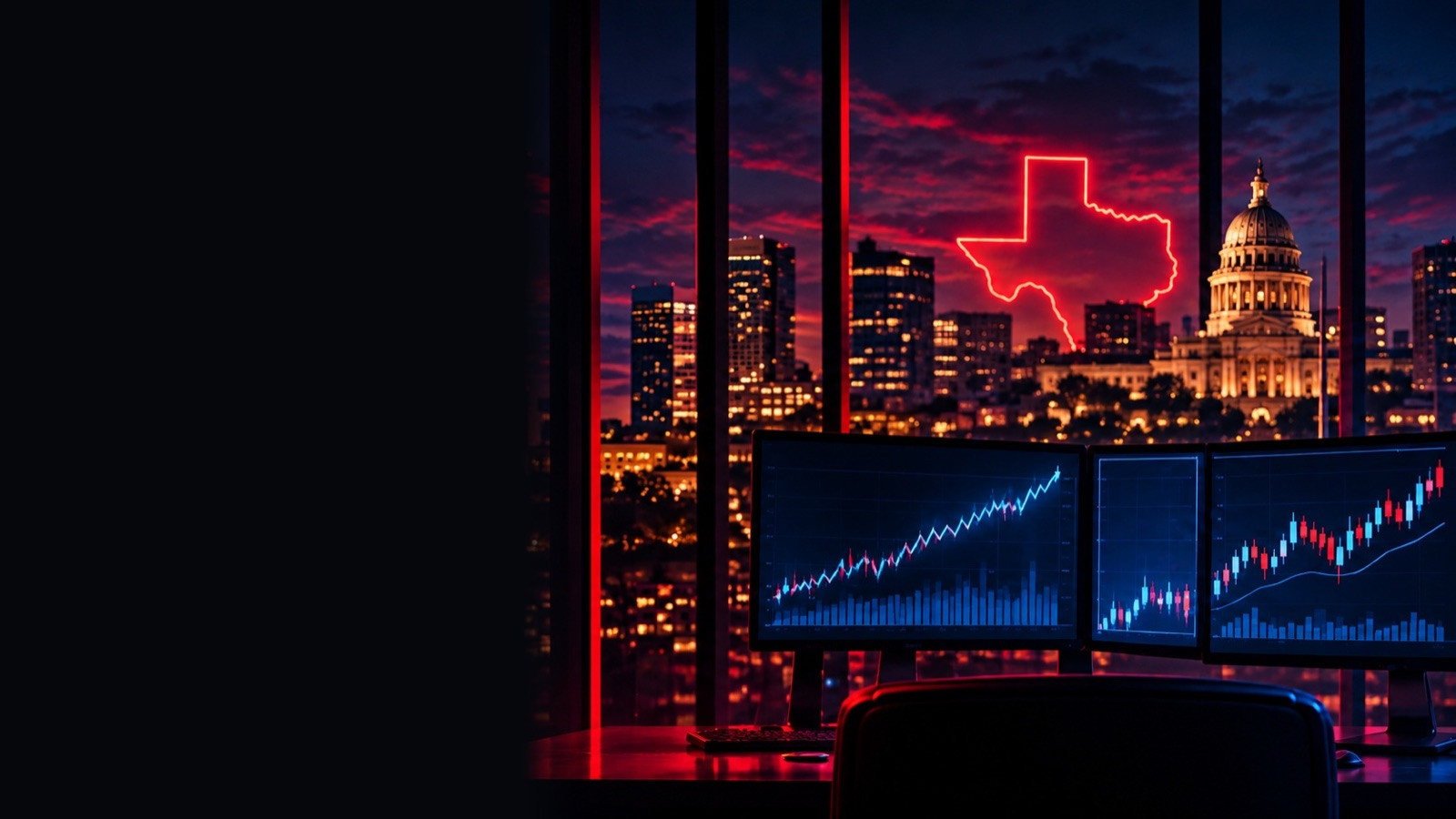 Trading desk with chart screens facing the Texas Capitol and a neon outline