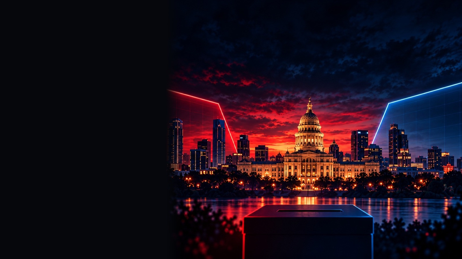 Ballot box before the Texas Capitol and skyline under a red sunset