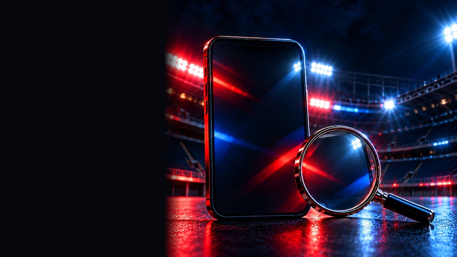 Phone and magnifying glass on a wet surface inside a lit stadium