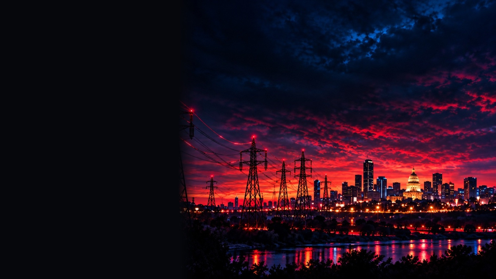 Power lines and pylons against a red sky with the Austin skyline beyond