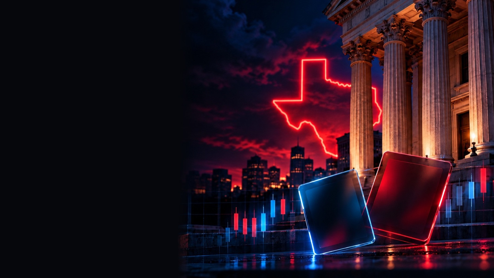 Two glowing tablets by courthouse columns under a neon Texas outline