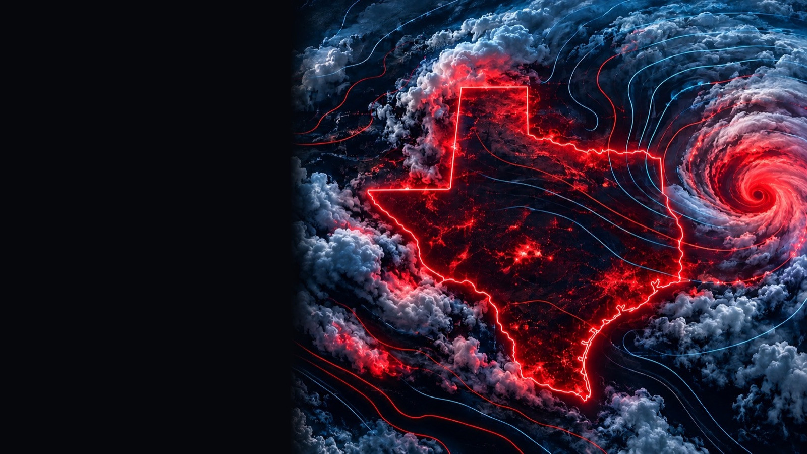 Glowing Texas outline seen from above with storm clouds and a hurricane offshore