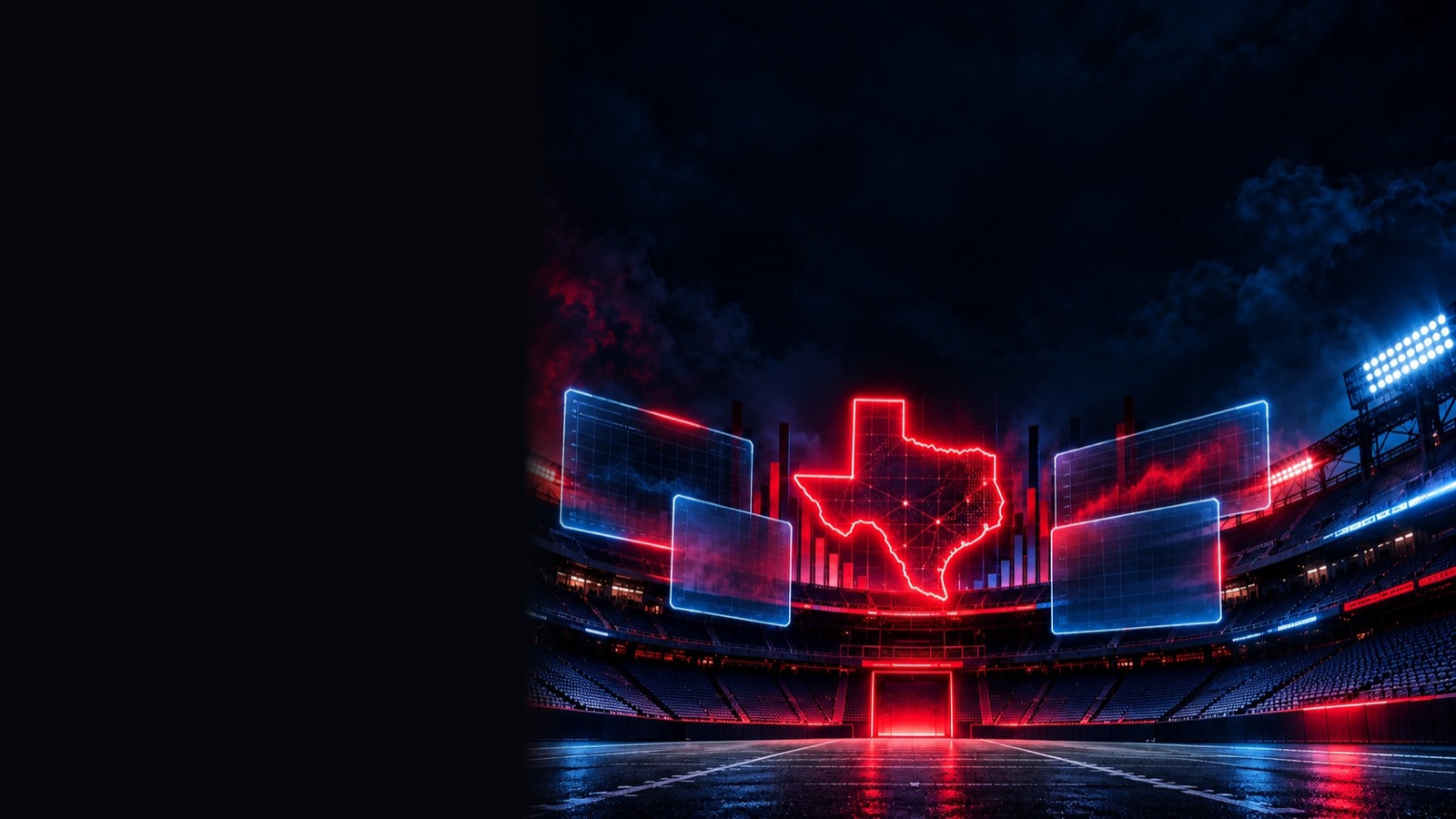 Neon Texas outline and glowing panels inside an empty stadium at night