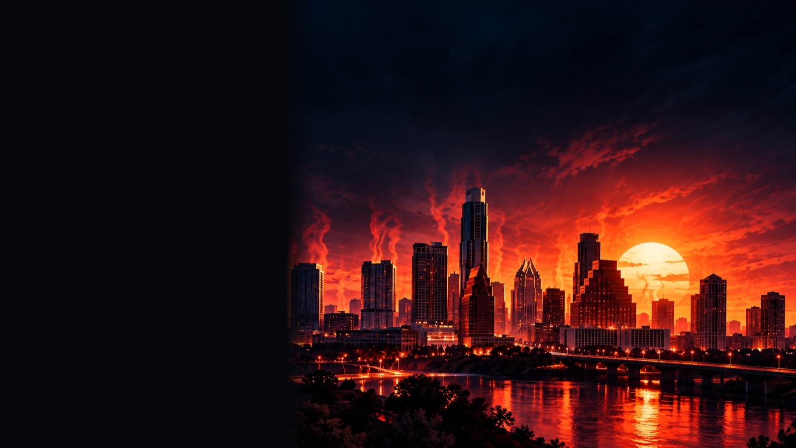 Austin skyline under a burning orange sky and low sun during a heat wave
