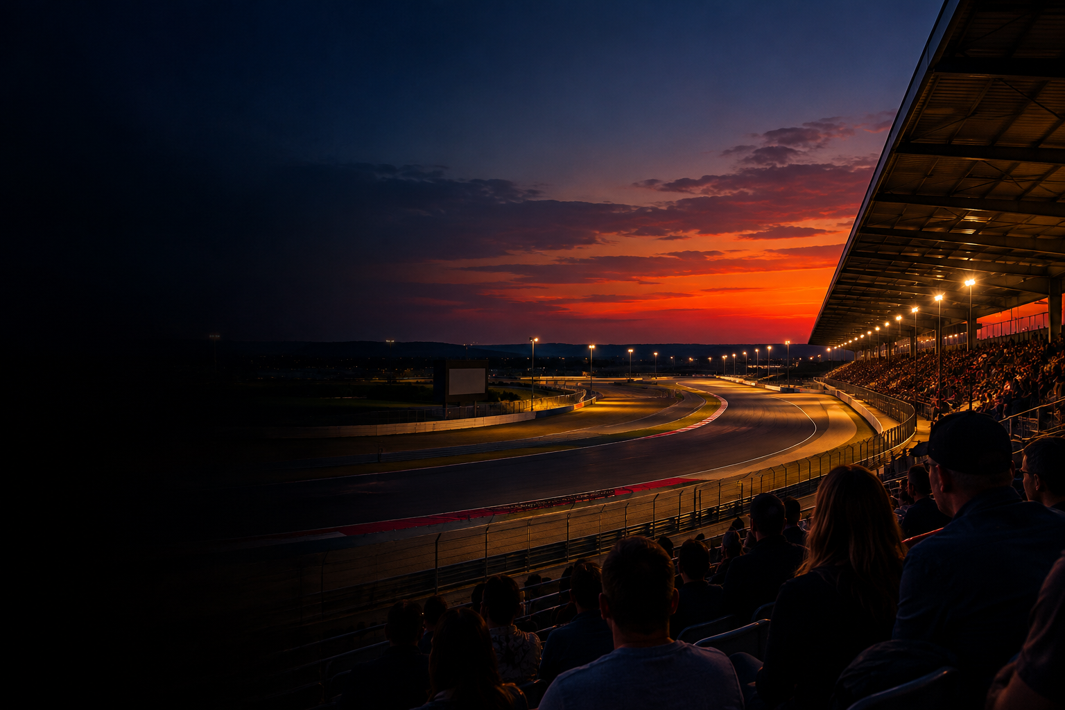Spectators seen from behind watch an empty motor-racing circuit under a red and blue dusk sky.