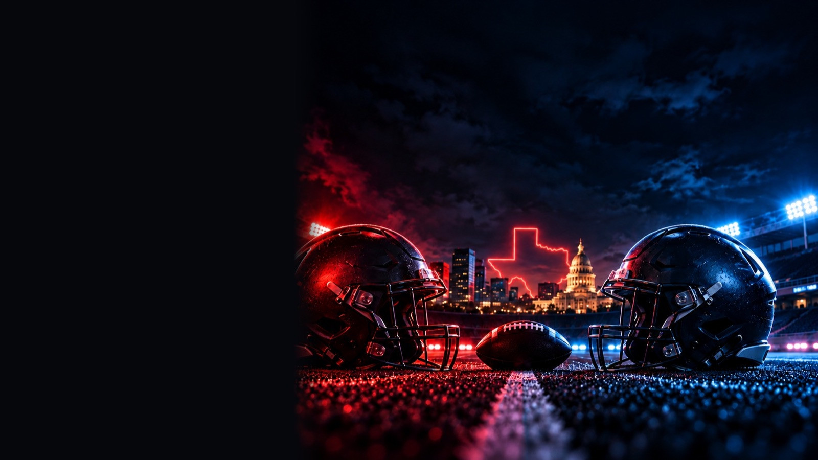 Two football helmets facing each other across a ball under a neon Texas outline