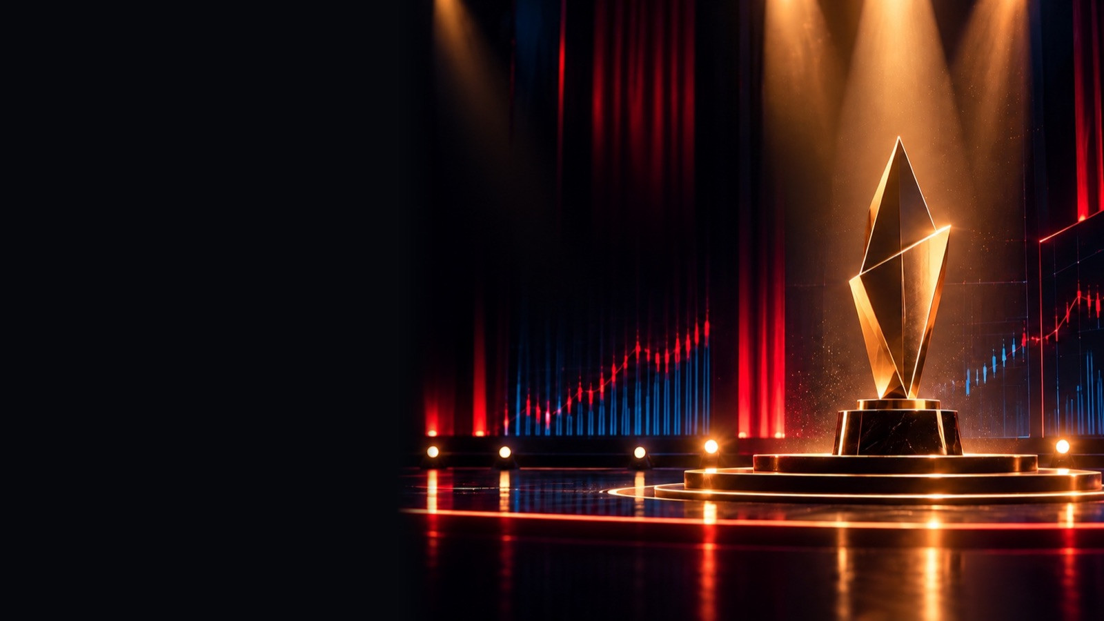 Abstract gold award on a spotlit stage with red curtains and charts