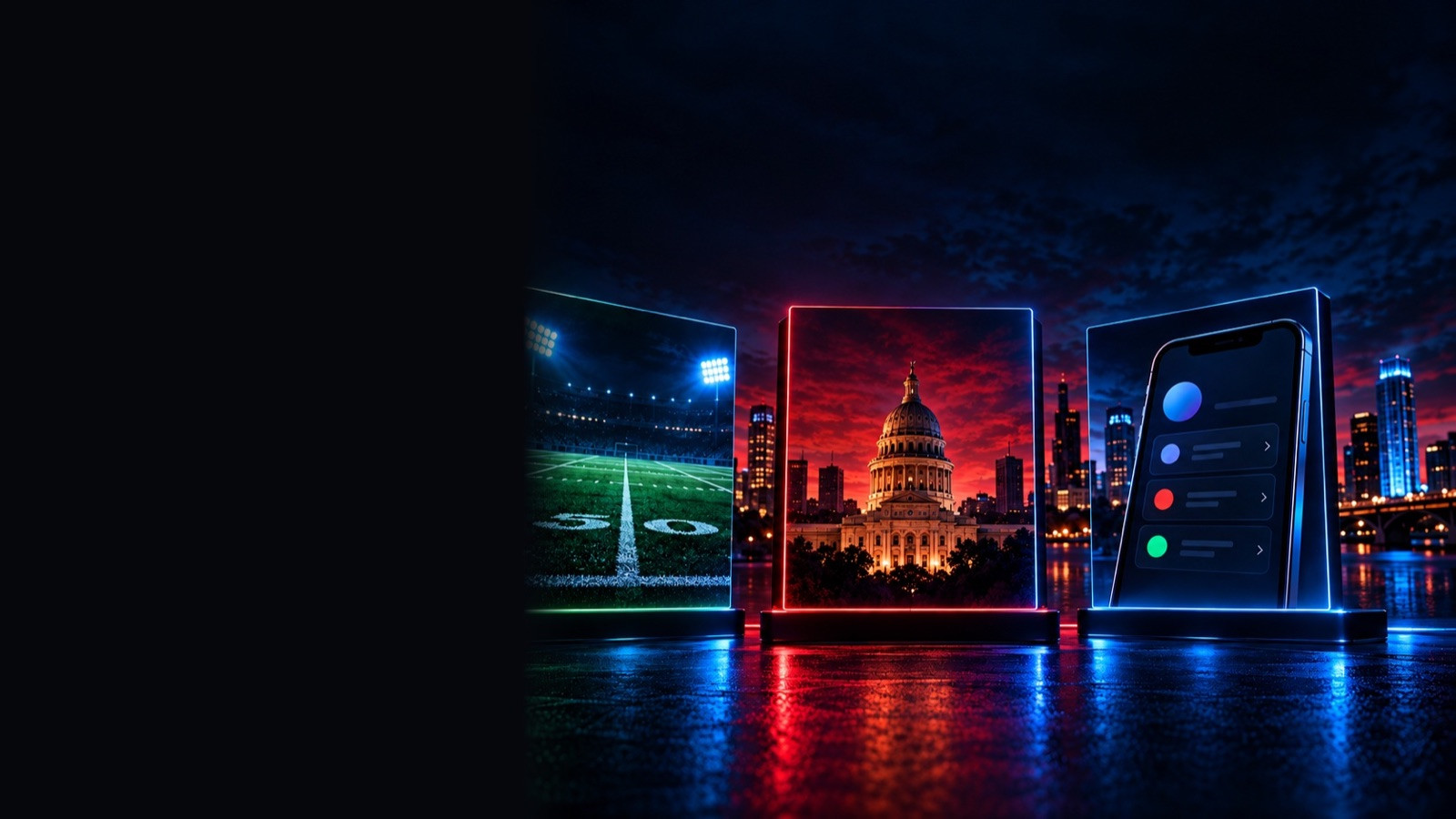 Three glowing panels with a football field, the Texas Capitol and a phone at night