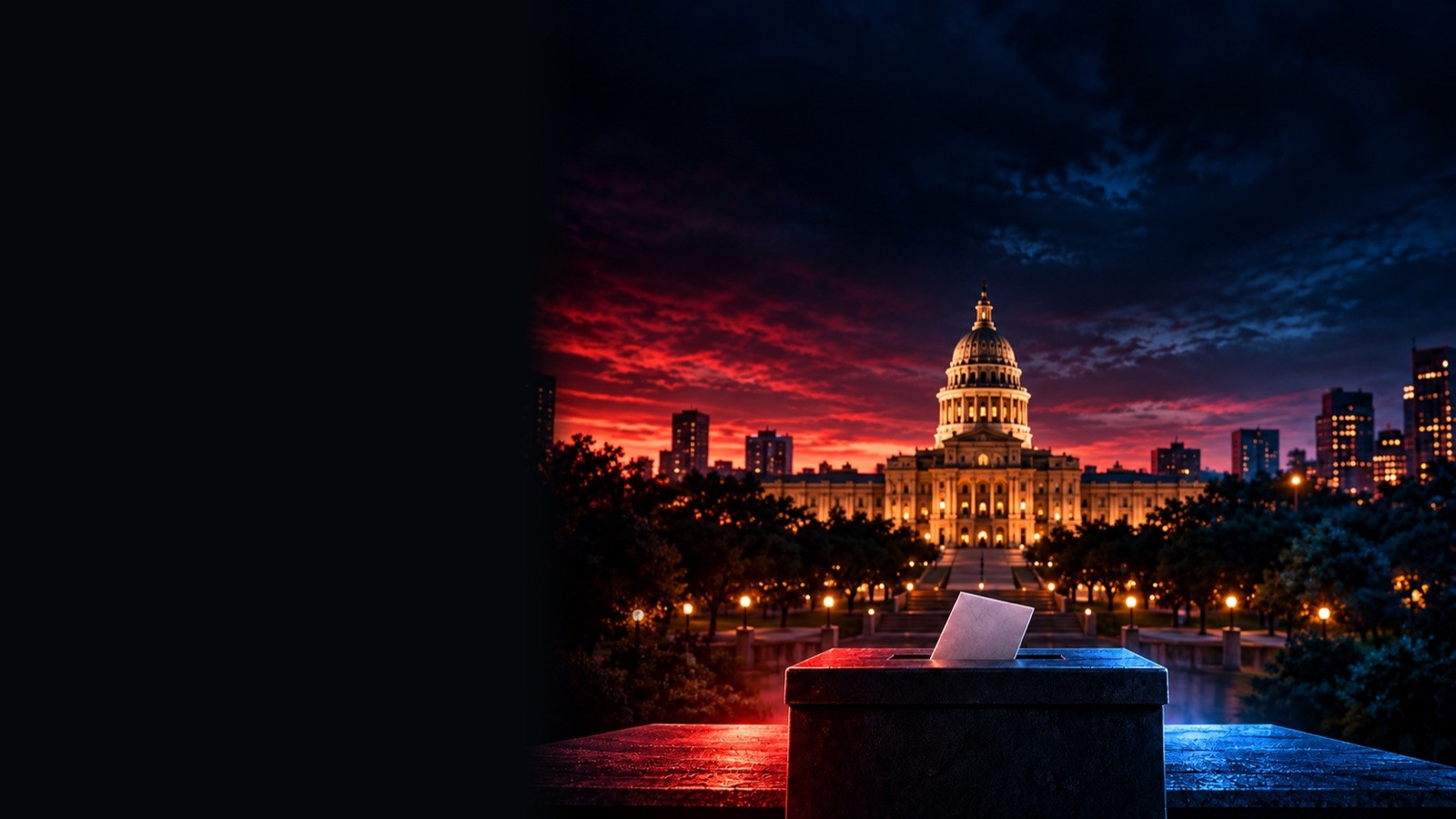Ballot box in front of the Texas State Capitol under a red evening sky
