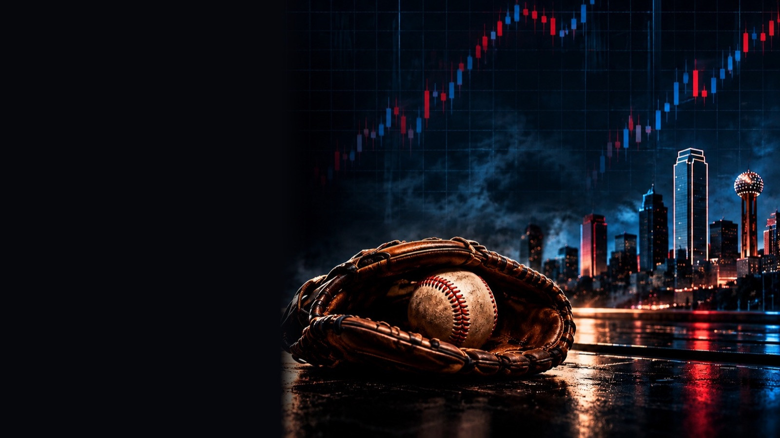 Baseball in a leather glove with the Dallas skyline and rising charts
