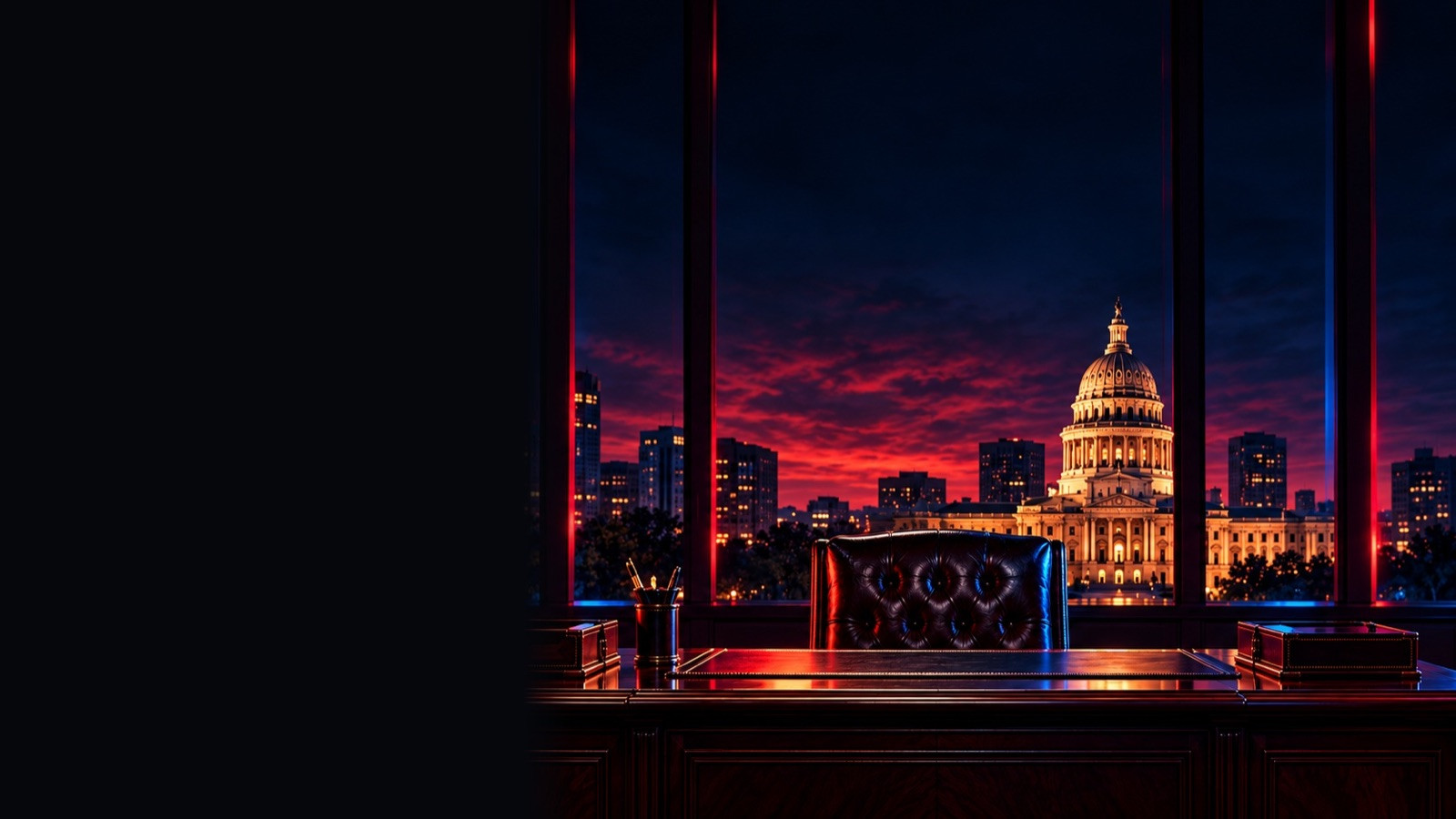 Leather chair and desk in an office facing the Texas Capitol at dusk