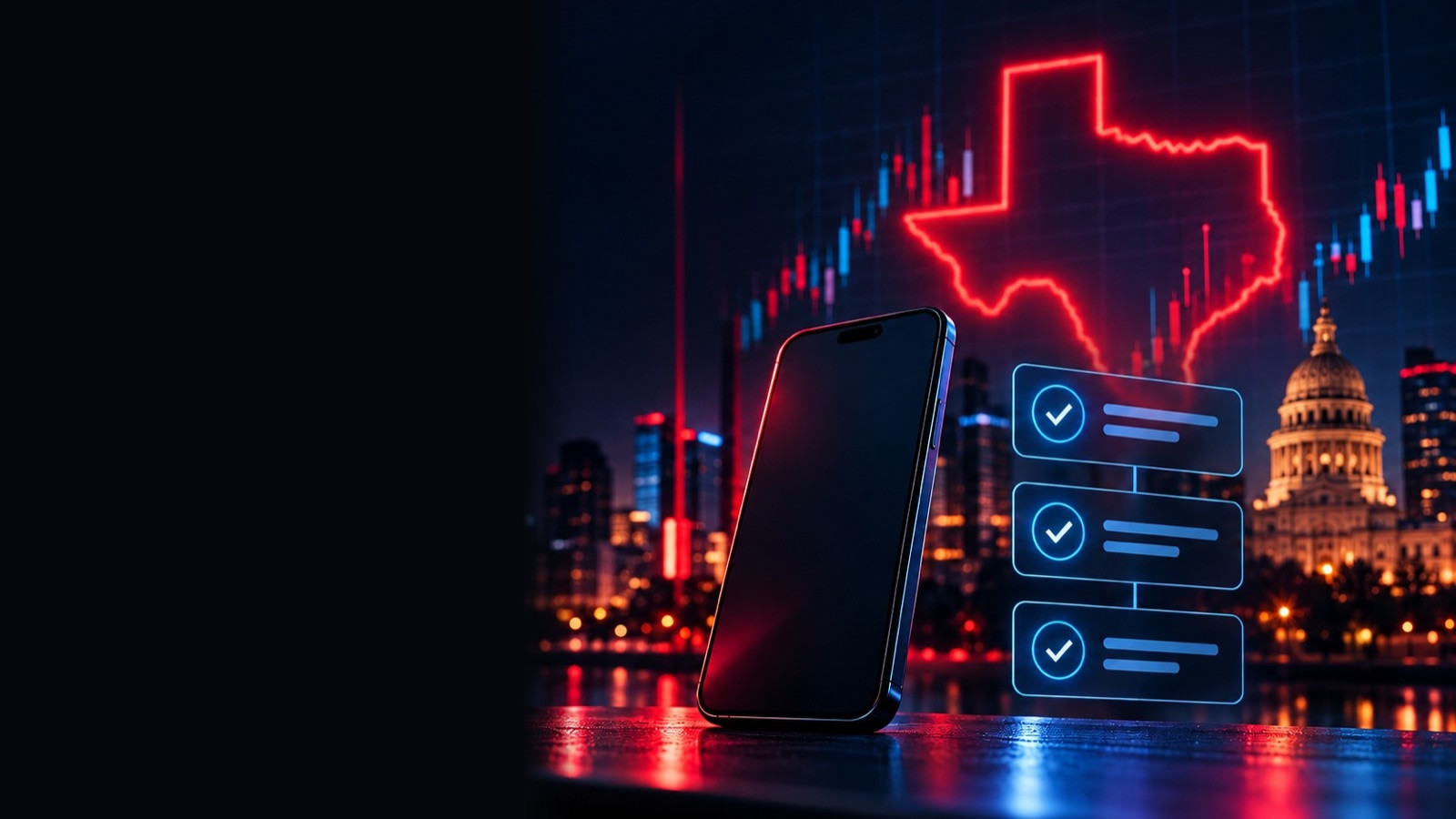 Phone with glowing checklist steps and a neon Texas outline over Austin