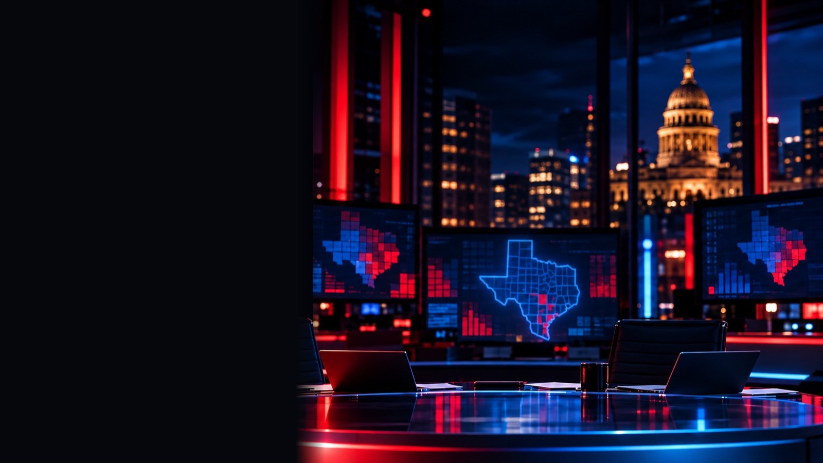 Election-night newsroom with Texas county maps on screens and the Capitol behind