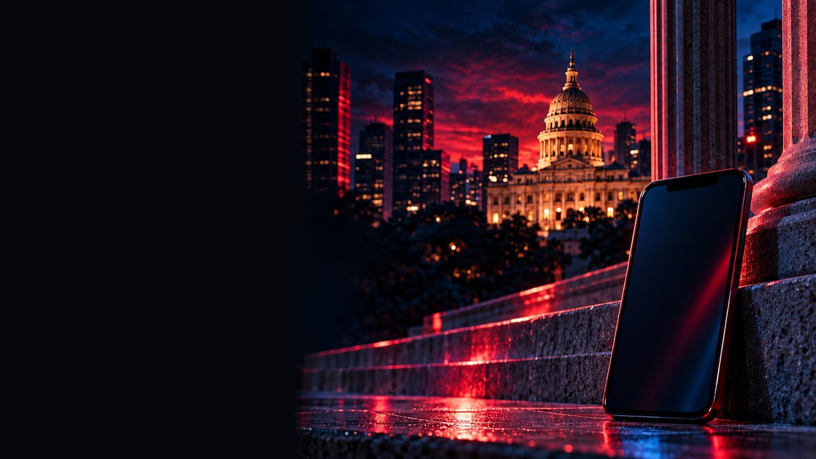 Phone leaning on stone steps with the Texas Capitol under a red sky