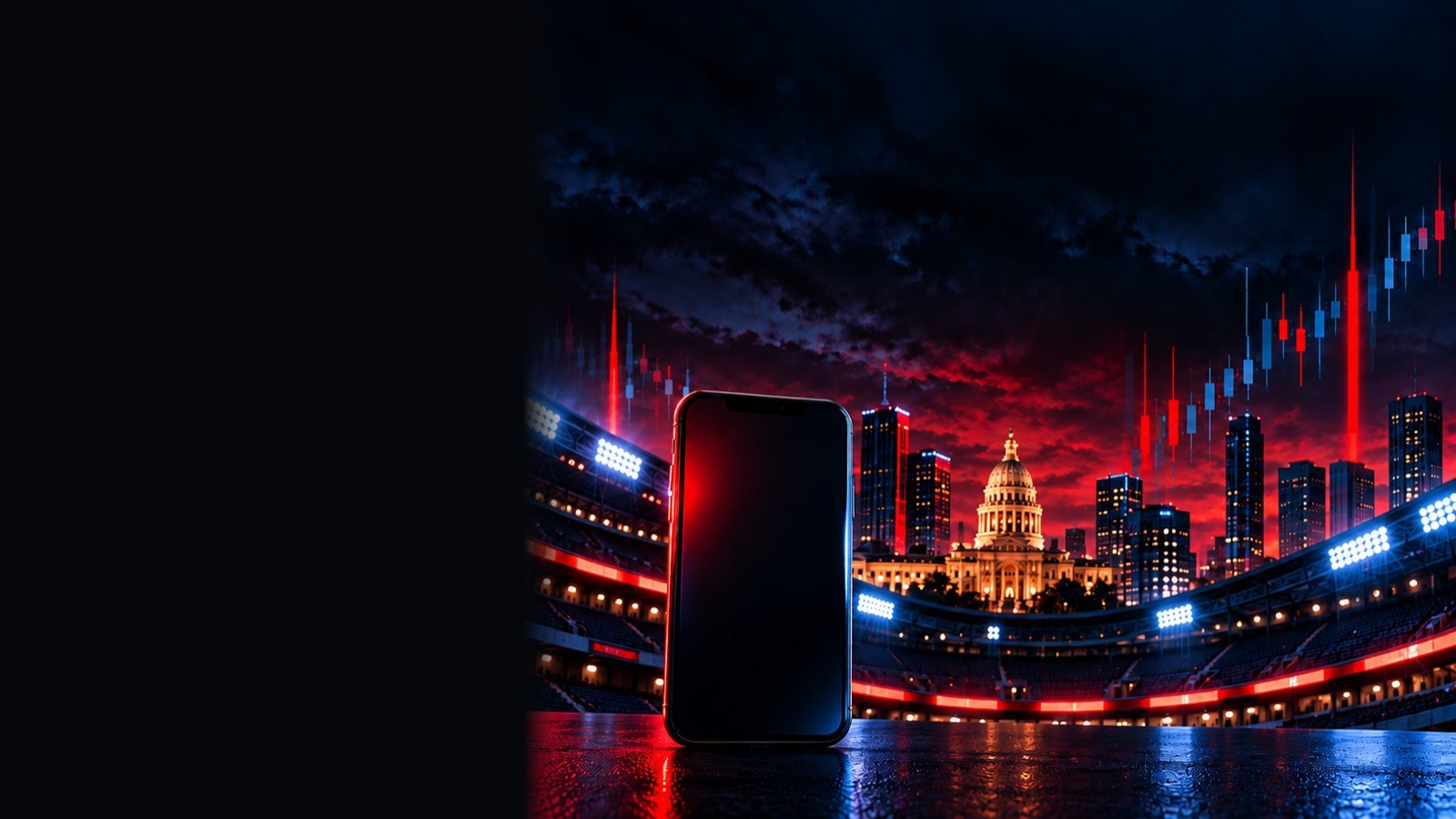 Phone in front of a lit stadium with the Texas Capitol and rising charts