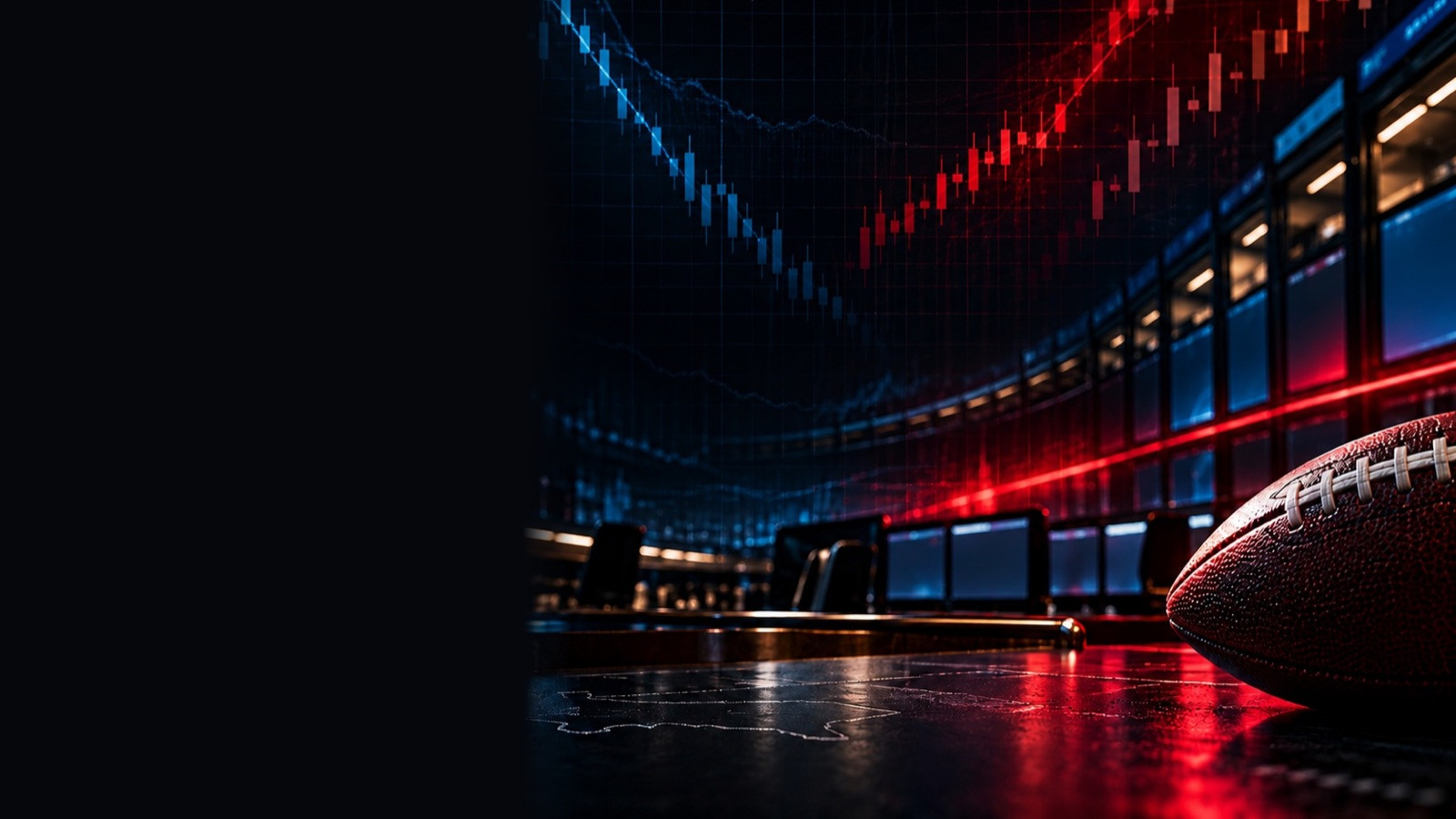 Football beside a trading floor with screens and rising charts