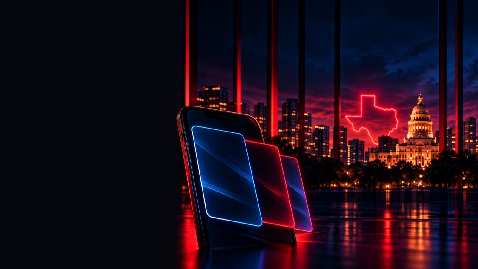 Phone with stacked glowing panels before the Texas Capitol and a neon outline